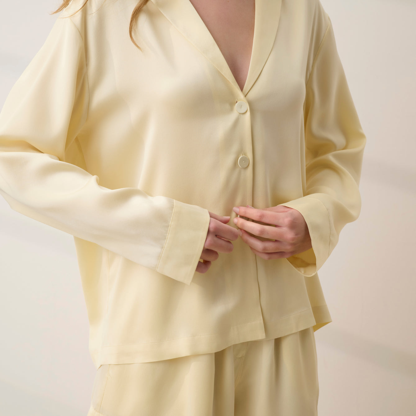 Washable Silk Button Up Long Sleeve Short Set - Image 3