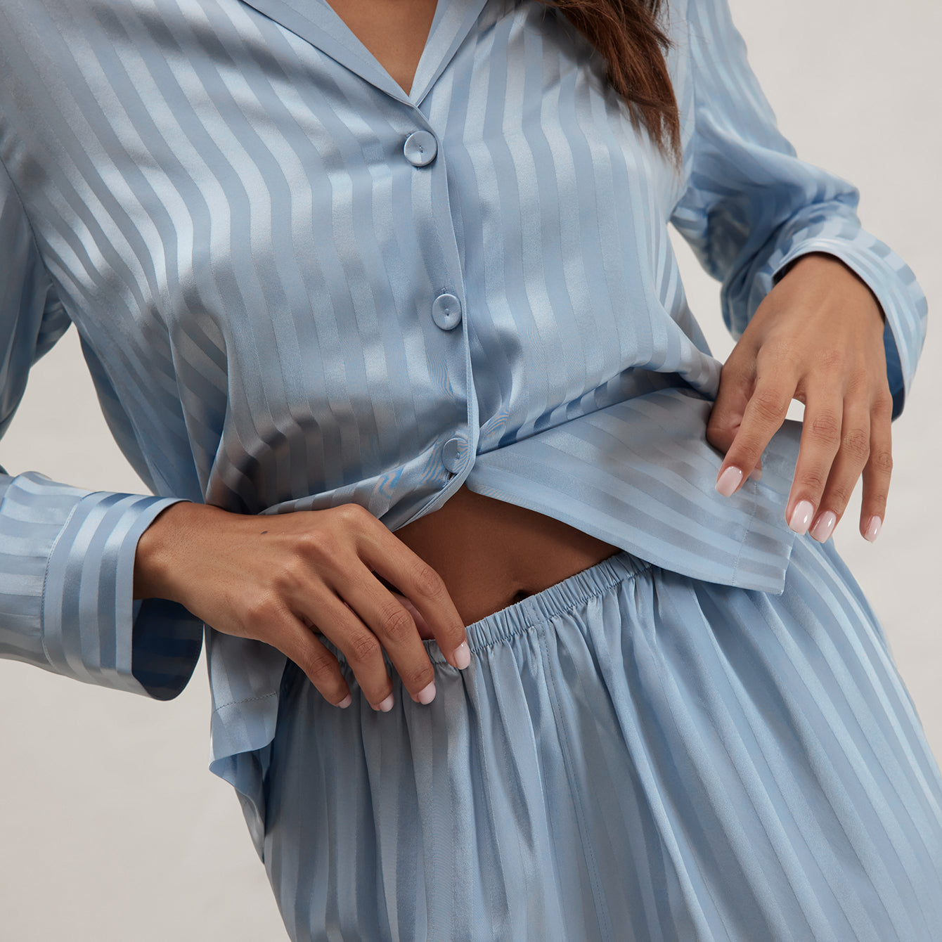 Washable Silk Striped Jacquard Long Sleeve Pant Set - Image 2