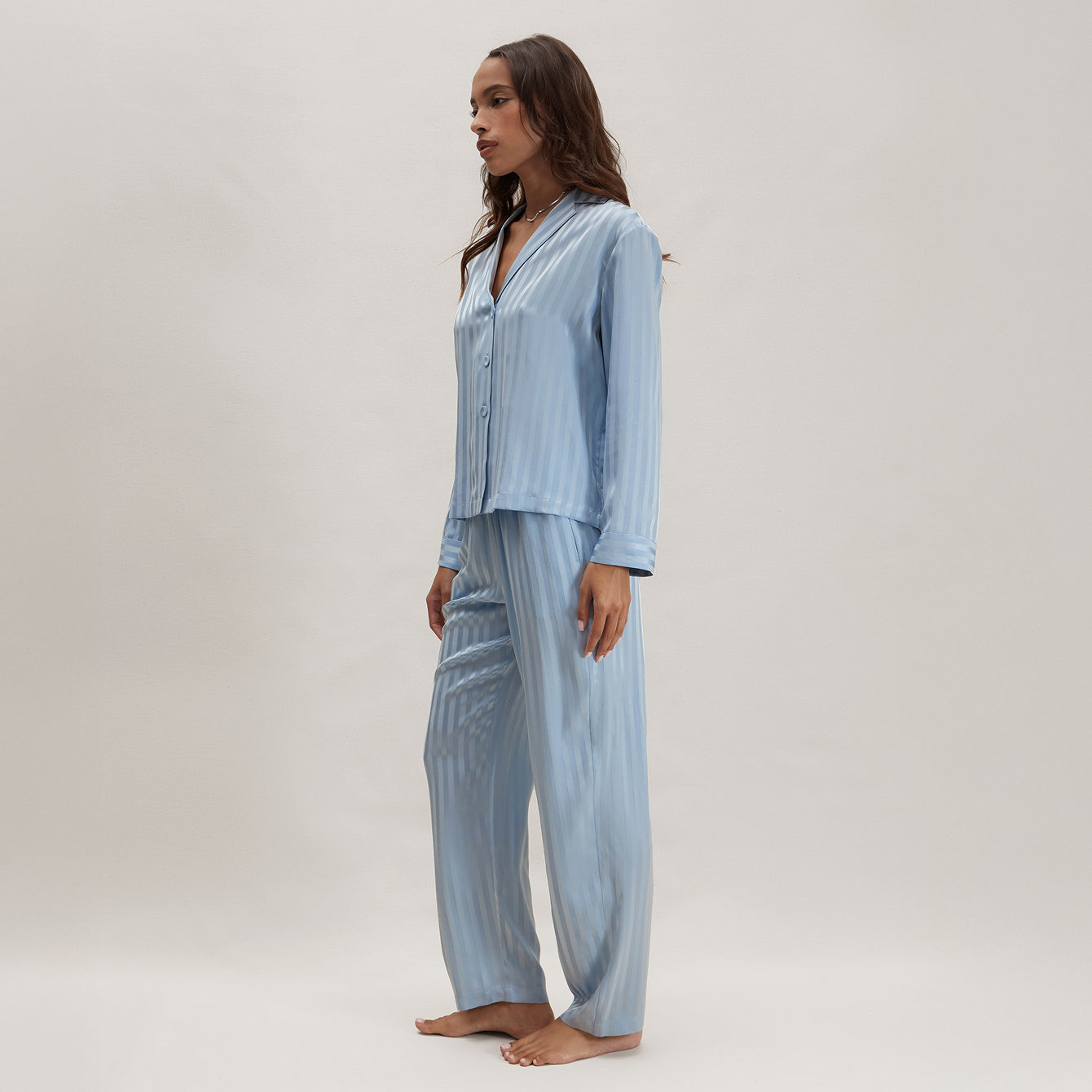 Washable Silk Striped Jacquard Long Sleeve Pant Set - Image 3
