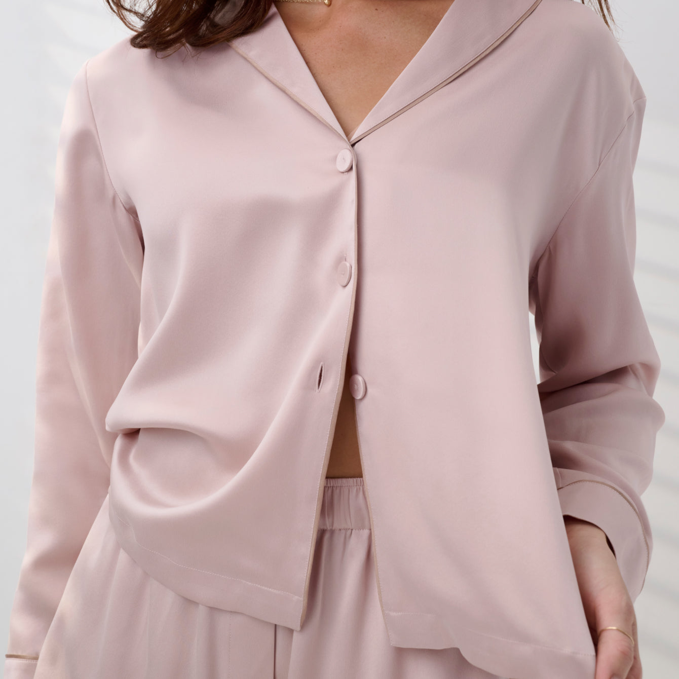 Washable Silk Button Up Long Sleeve Short Set - Image 2